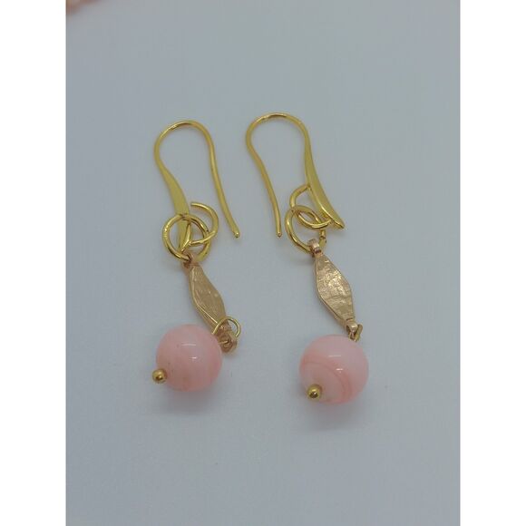 Vintage Marbled Peach Glass Beaded Gold Tone Pendant 23-25" Necklace & Earrings - Picture 4 of 6